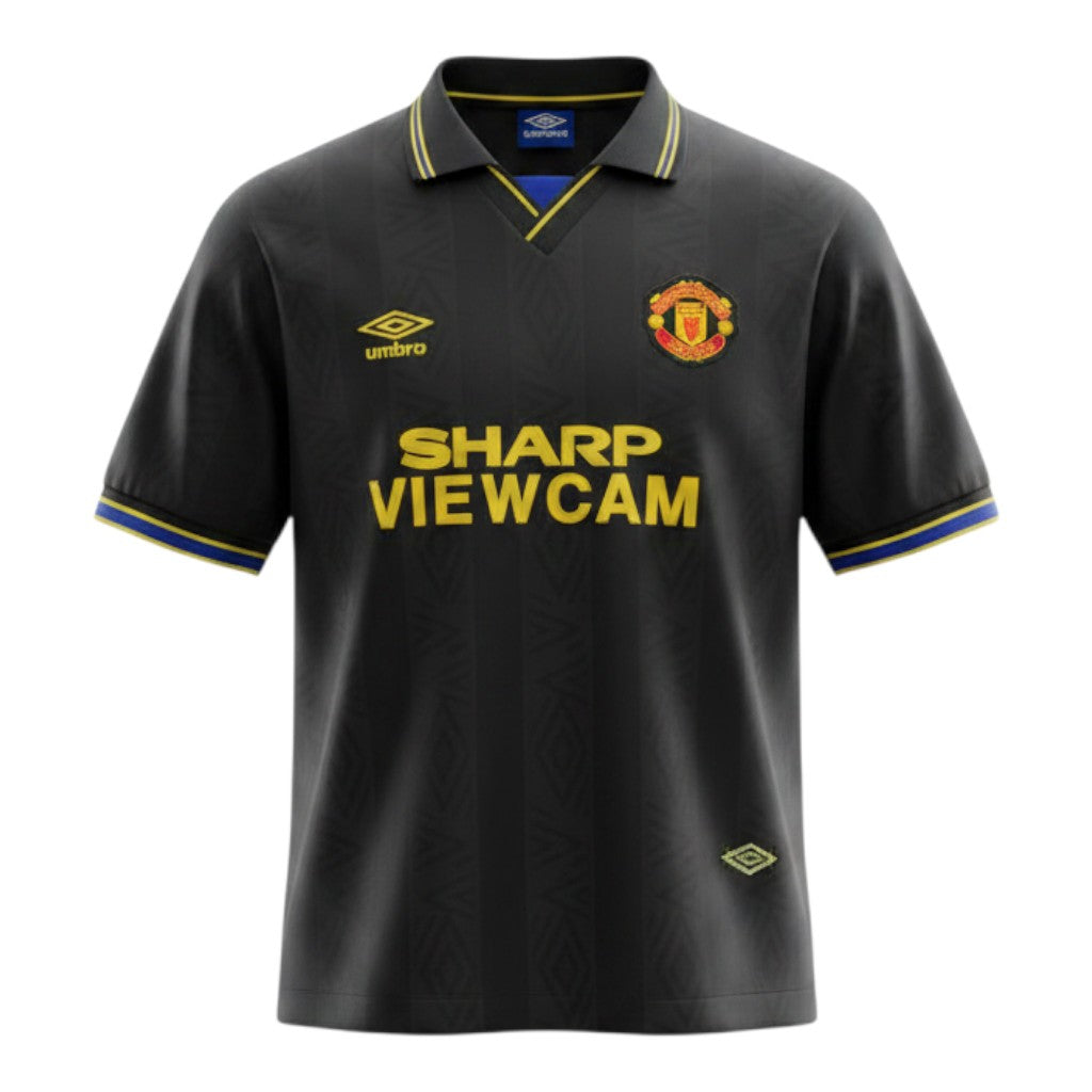 Hinchas Sportswear Store black Manchester United 1993-94 Umbro retro jersey with gold Sharp Viewcam sponsor, blue and yellow trim.