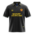 Hinchas Sportswear Store black Manchester United 1993-94 Umbro retro jersey with gold Sharp Viewcam sponsor, blue and yellow trim.