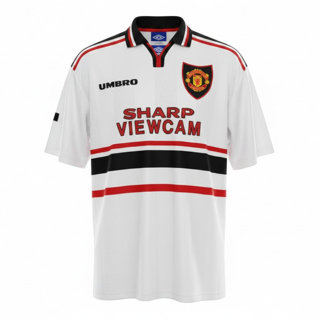 Hinchas Sportswear Store white Manchester United 1997-98 Umbro away jersey with Sharp Viewcam sponsor, black and red chest stripes, and V-neck.