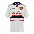 Hinchas Sportswear Store white Manchester United 1997-98 Umbro away jersey with Sharp Viewcam sponsor, black and red chest stripes, and V-neck.