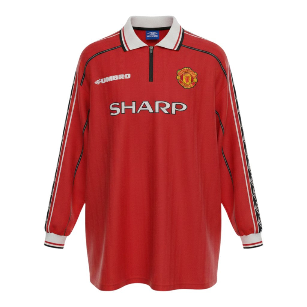 Hinchas Sportswear Store red Manchester United 1998-99 long sleeve jersey with Sharp sponsor and Umbro branding.