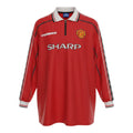 Hinchas Sportswear Store red Manchester United 1998-99 long sleeve jersey with Sharp sponsor and Umbro branding.