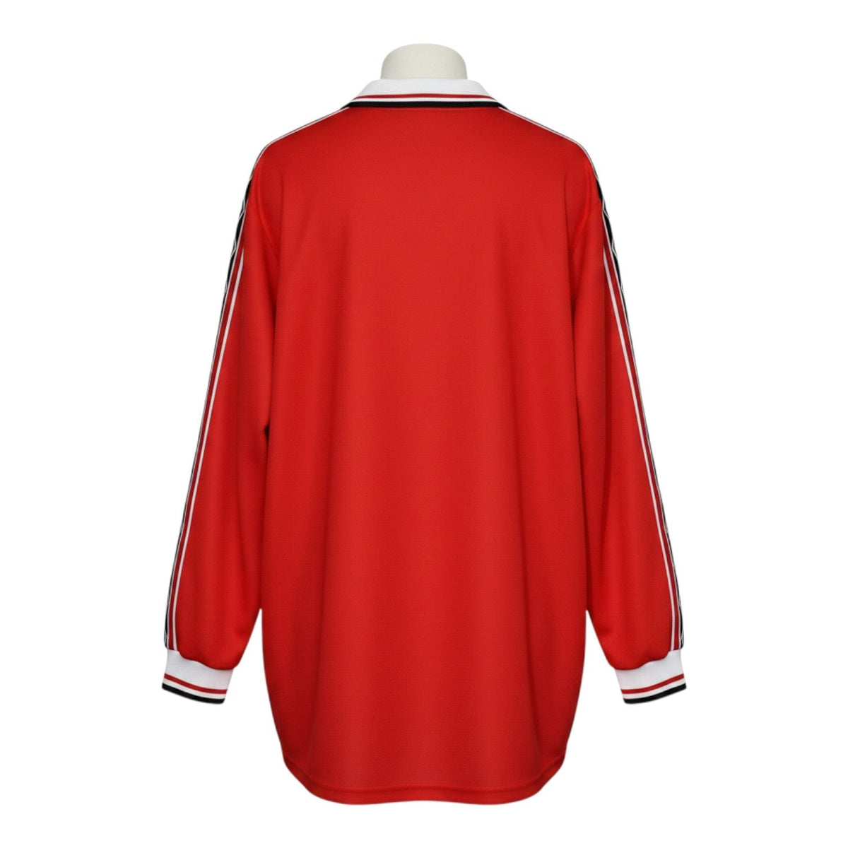 Hinchas Sportswear Store retro Manchester United 1998-99 long sleeve red football jersey with white and black sleeve details and collar.