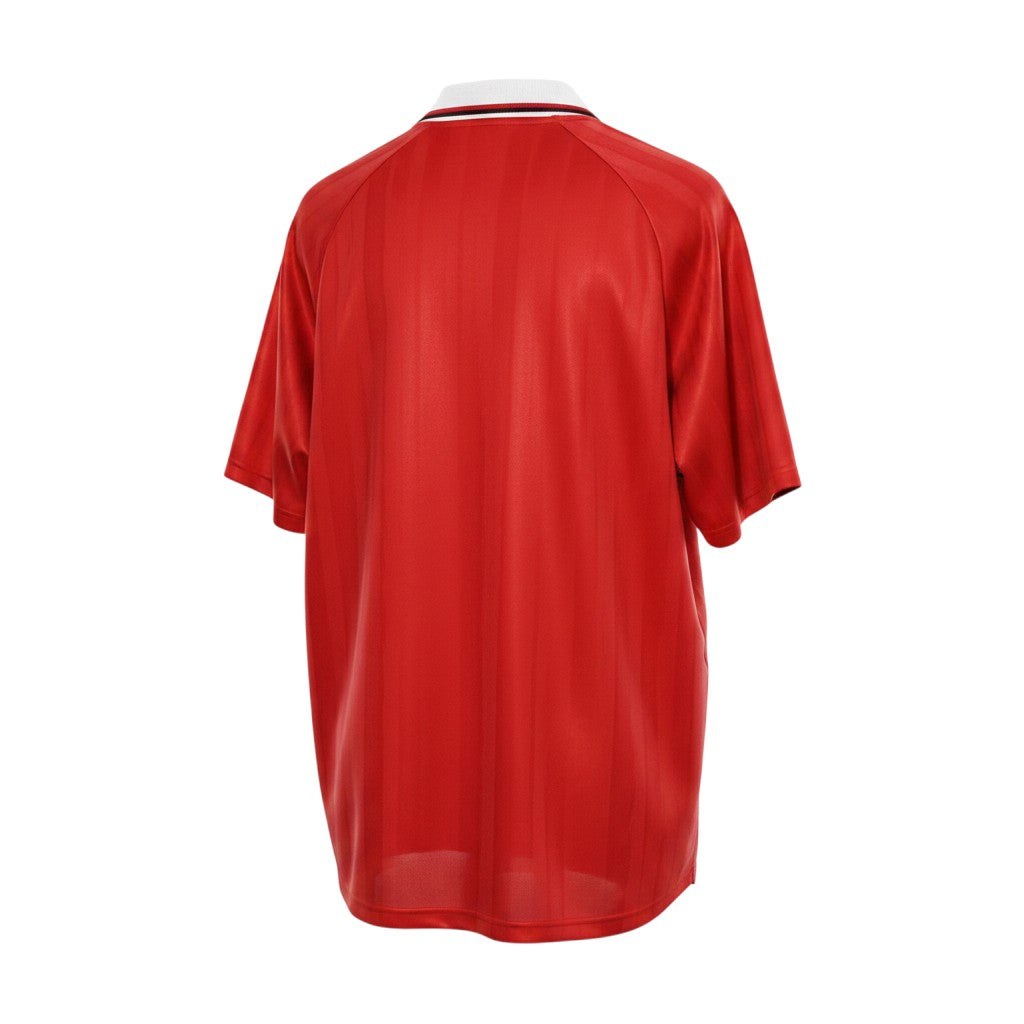 Hinchas Sportswear Store retro Manchester United 1998-99 UCL Final red short sleeve jersey with white and black collar trim.