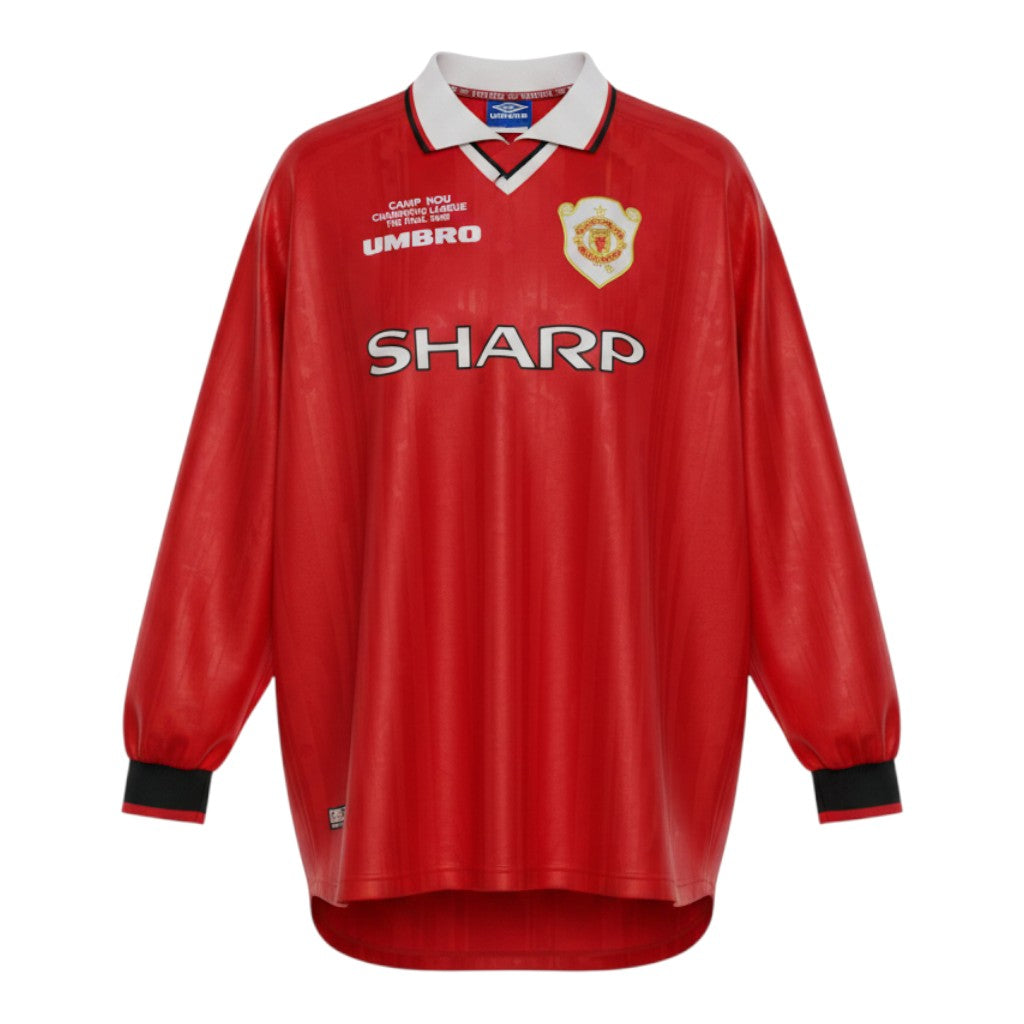 Hinchas Sportswear Store retro Manchester United 1998-99 UCL Final long sleeve jersey in red with white collar and black trim.