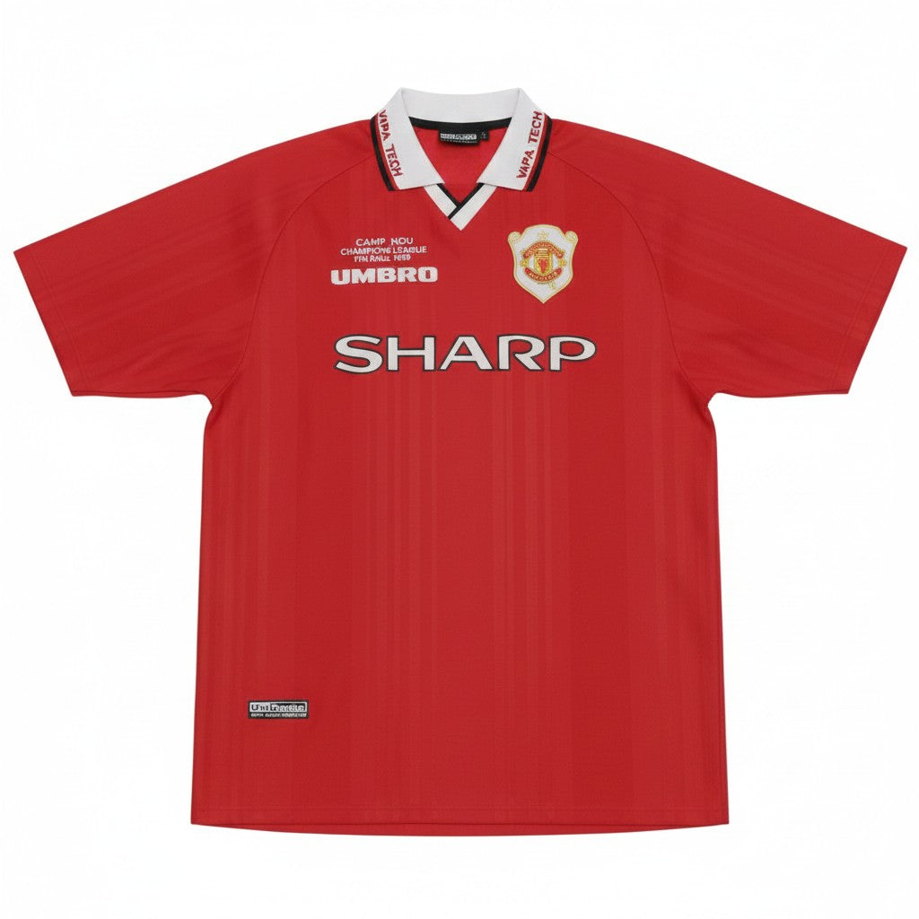 Hinchas Sportswear Store red Manchester United 1998-99 Umbro UCL Final jersey with Sharp sponsor and special badge.