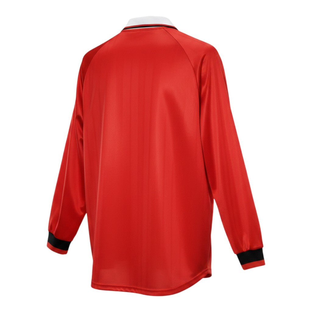 Hinchas Sportswear Store Manchester United 1998-99 UCL Final red long sleeve jersey with white collar and black trim.