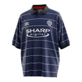 Hinchas Sportswear Store navy blue Manchester United 1999-00 retro jersey with white pinstripes, Sharp Digital sponsor, and black polo collar.