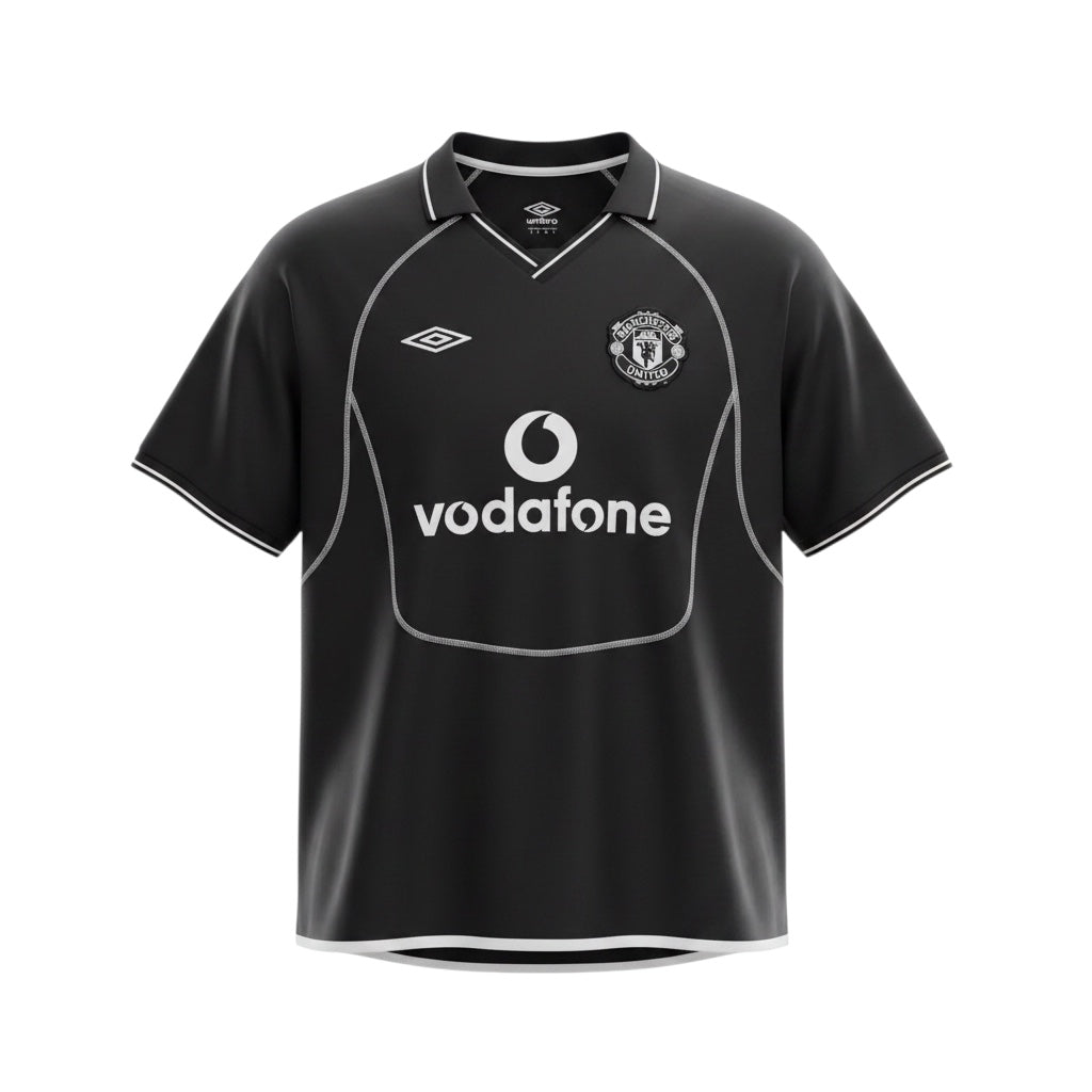 Hinchas Sportswear Store black Manchester United 2000-01 Umbro away jersey with Vodafone sponsor and white trim.