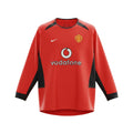 Hinchas Sportswear Store Manchester United 2002-03 red long sleeve football jersey with Vodafone sponsor and black side panels.