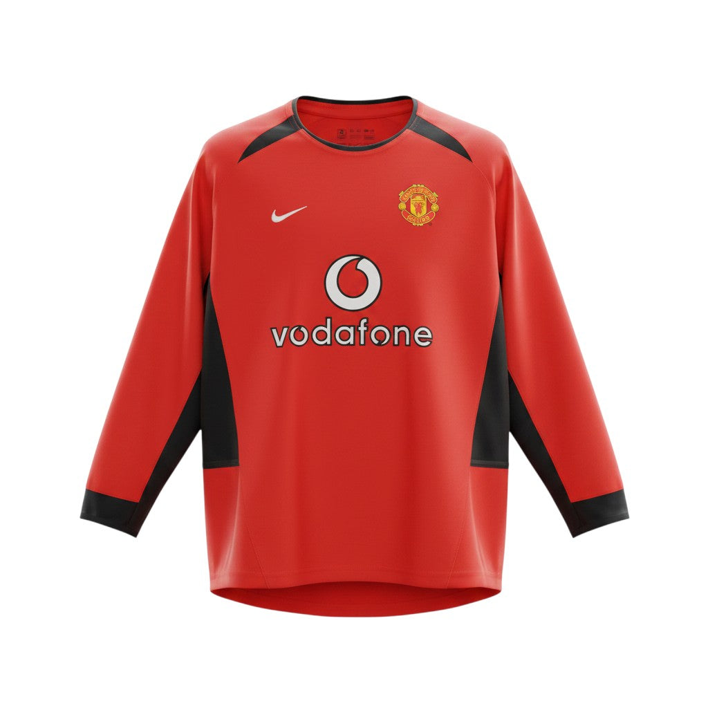 Hinchas Sportswear Store Manchester United 2002-03 red long sleeve football jersey with Vodafone sponsor and black side panels.