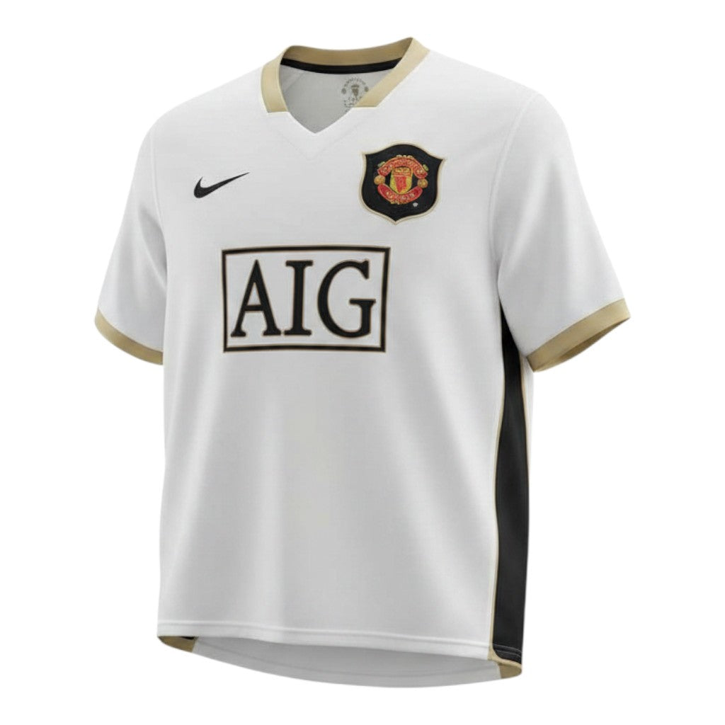 Hinchas Sportswear Store Manchester United 2006/07 retro white jersey with gold V-collar and cuffs, black side panels, Nike logo, and AIG sponsor.