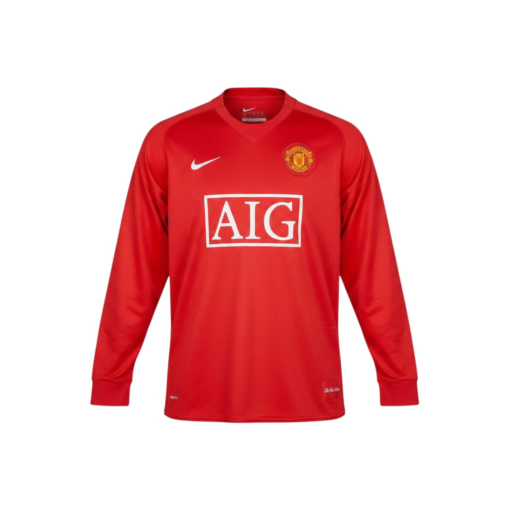 Hinchas Sportswear Store red Manchester United 2007-08 long sleeve jersey with AIG sponsor and Nike logo.