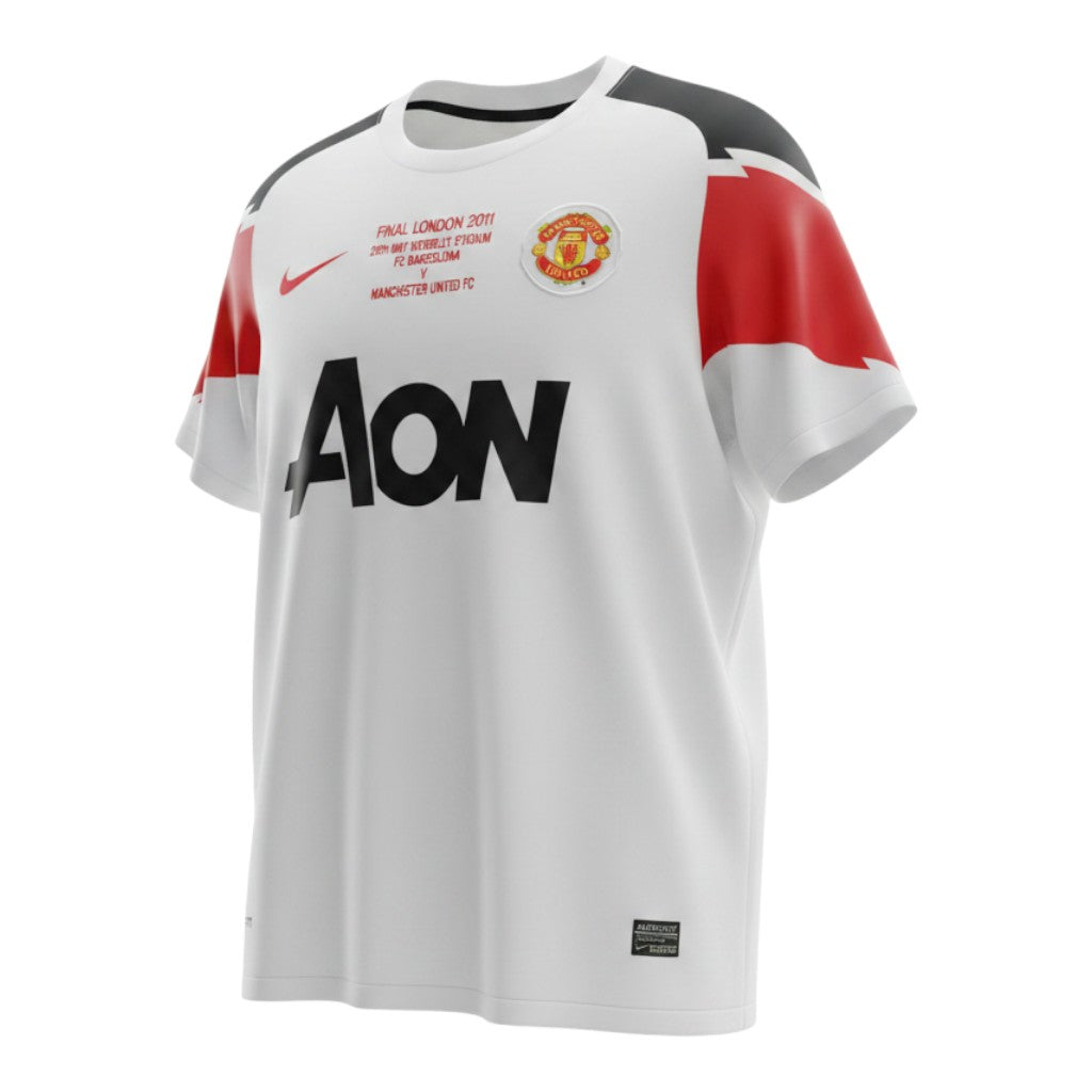 Hinchas Sportswear Store white Manchester United 2010/11 UCL Final jersey with black raglan sleeves and red accents. Features AON sponsor and UCL patch.