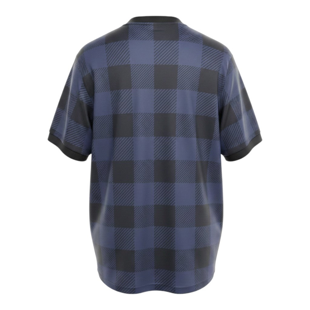 Hinchas Sportswear Store Manchester United 2013-14 navy blue tartan check away jersey with crew neck and short sleeves.