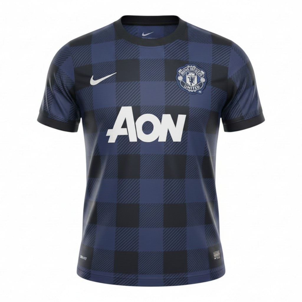 Hinchas Sportswear Store Manchester United 2013-14 navy blue away jersey with black tartan pattern, AON sponsor, and Nike Dri-FIT.
