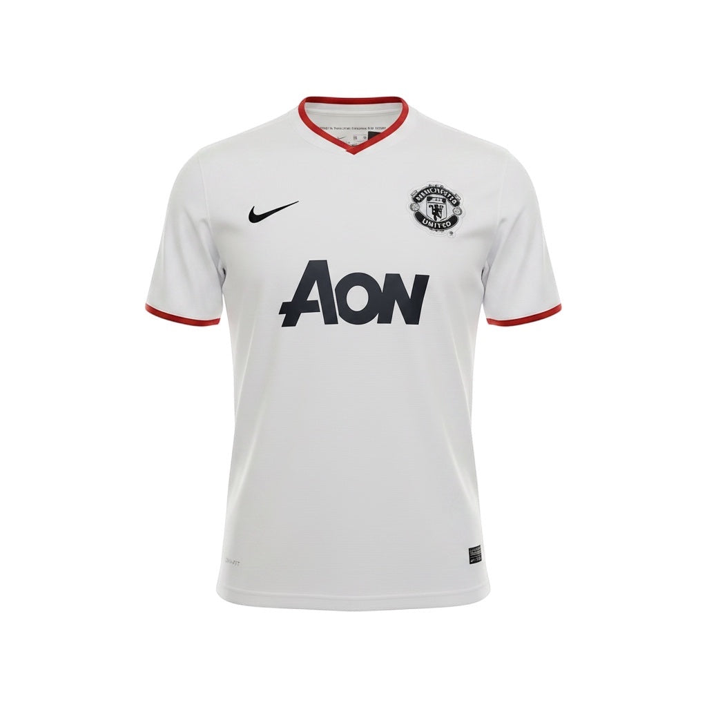 Hinchas Sportswear Store Manchester United 2013-14 retro white Nike football jersey with red trim and AON sponsor.