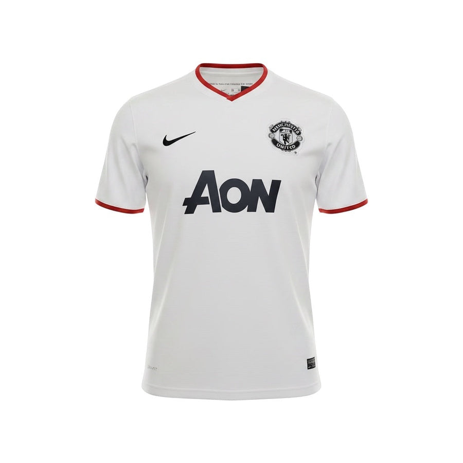 Hinchas Sportswear Store Manchester United 2013-14 retro white Nike football jersey with red trim and AON sponsor.