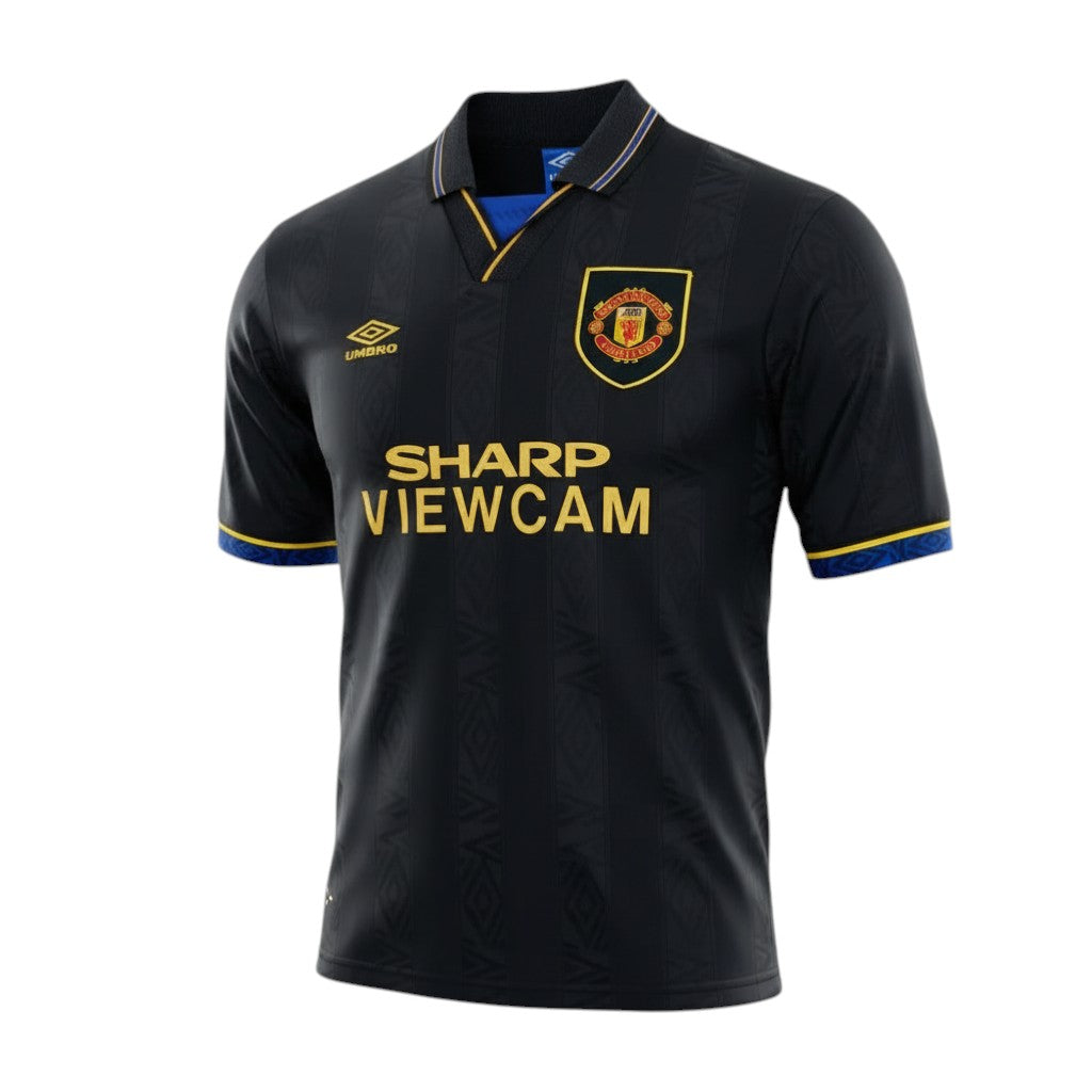Hinchas Sportswear Store Manchester United 93-95 away jersey, black with gold Sharp Viewcam sponsor and blue & yellow trim.