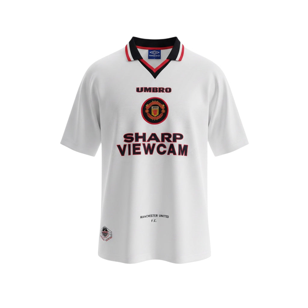 Hinchas Sportswear Store white Umbro Manchester United 1996-97 away jersey with Sharp Viewcam sponsor and black/red trim collar.