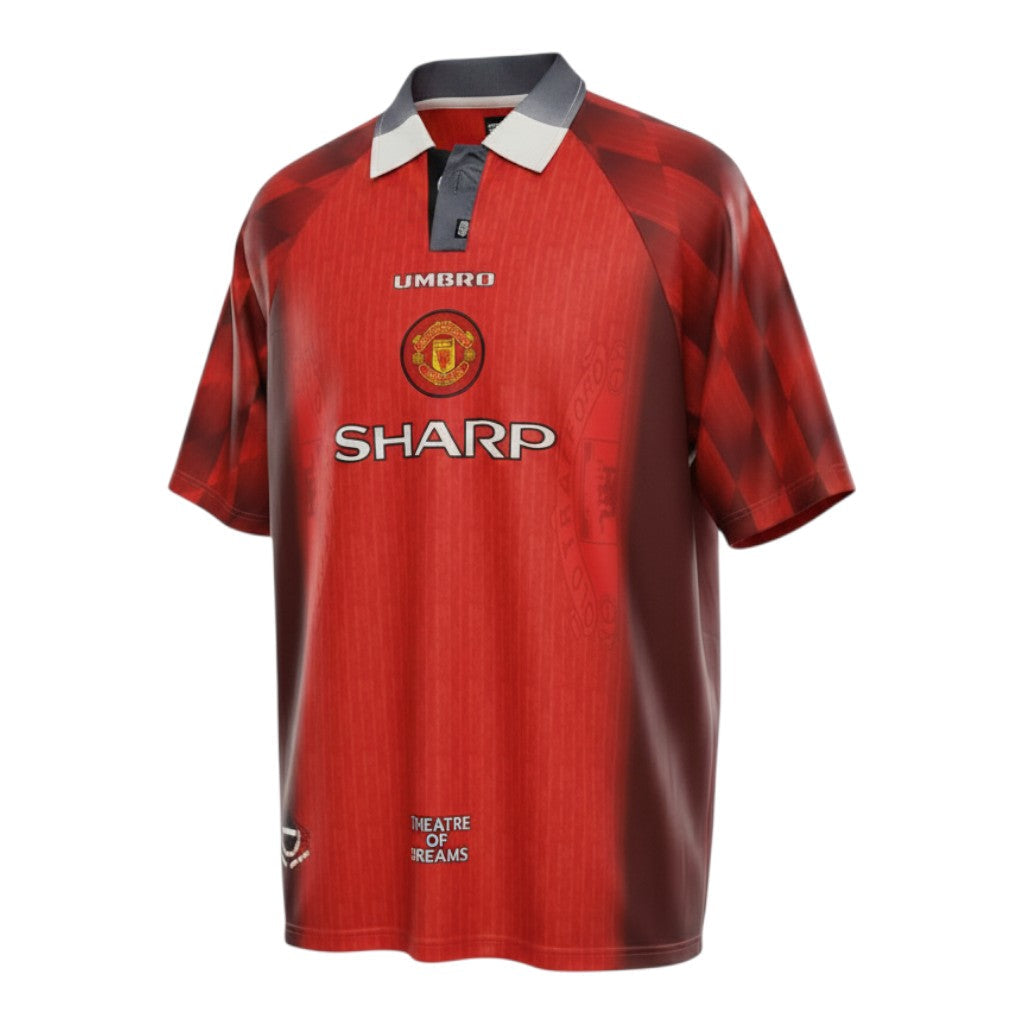 Hinchas Sportswear Store Manchester United 1996/97 retro home jersey in red with tartan sleeves, white polo collar, and SHARP sponsor.