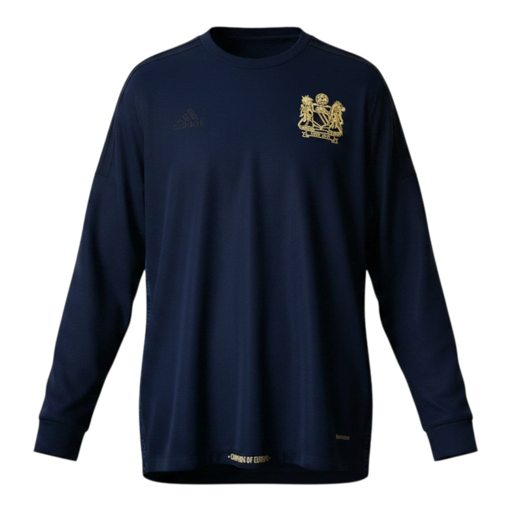 Hinchas Sportswear Store navy long sleeve Manchester United retro jersey with gold crest and Adidas logo.