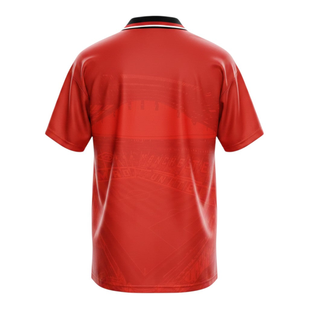 Hinchas Sportswear Store Manchester United 1994/95 retro red jersey with black polo collar and subtle marble pattern.