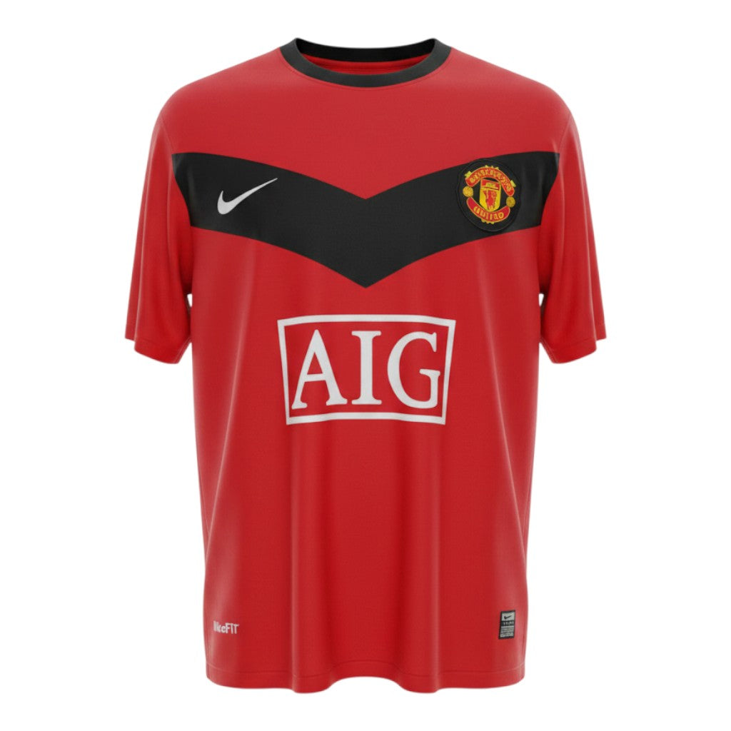 Hinchas Sportswear Store Manchester United 2009/10 retro red football jersey with black chevron, Nike logo, and AIG sponsor.