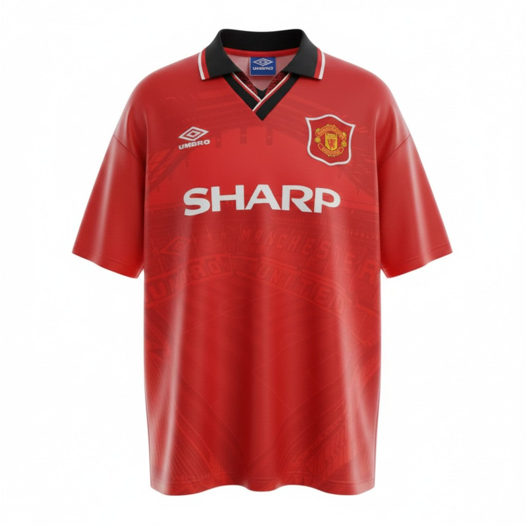 Hinchas Sportswear Store Manchester United 1994/95 retro red jersey with black polo collar and white SHARP sponsor.