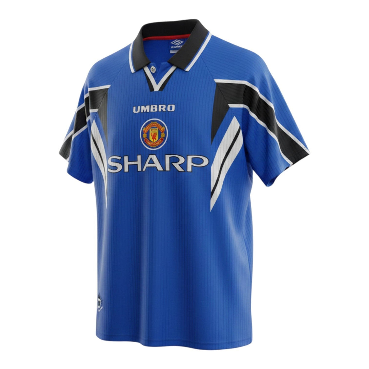 Hinchas Sportswear Store Manchester United 1996-97 retro third jersey in royal blue, black, and white. Features Umbro branding, Sharp sponsor, and chevron details.