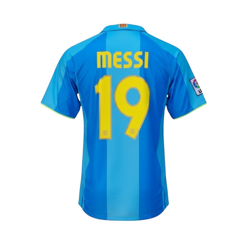 Hinchas Sportswear Store blue 2007-08 Messi #19 Barcelona away jersey with vertical stripes and La Liga patch.