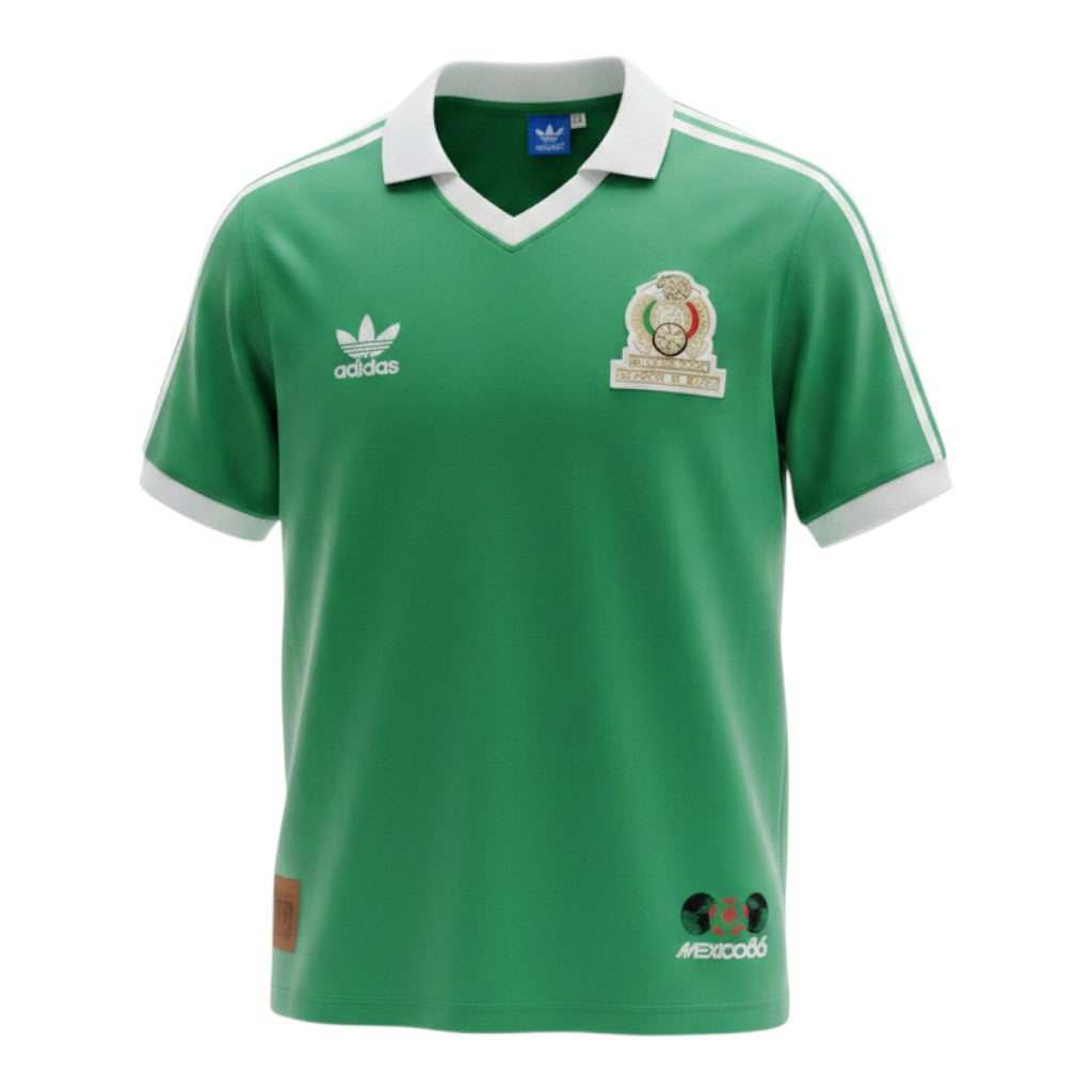 Hinchas Sportswear Store green Adidas Originals Mexico 1986 World Cup football jersey with white collar, 3-Stripes, and vintage FMF crest.
