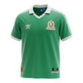 Hinchas Sportswear Store green Adidas Originals Mexico 1986 World Cup football jersey with white collar, 3-Stripes, and vintage FMF crest.