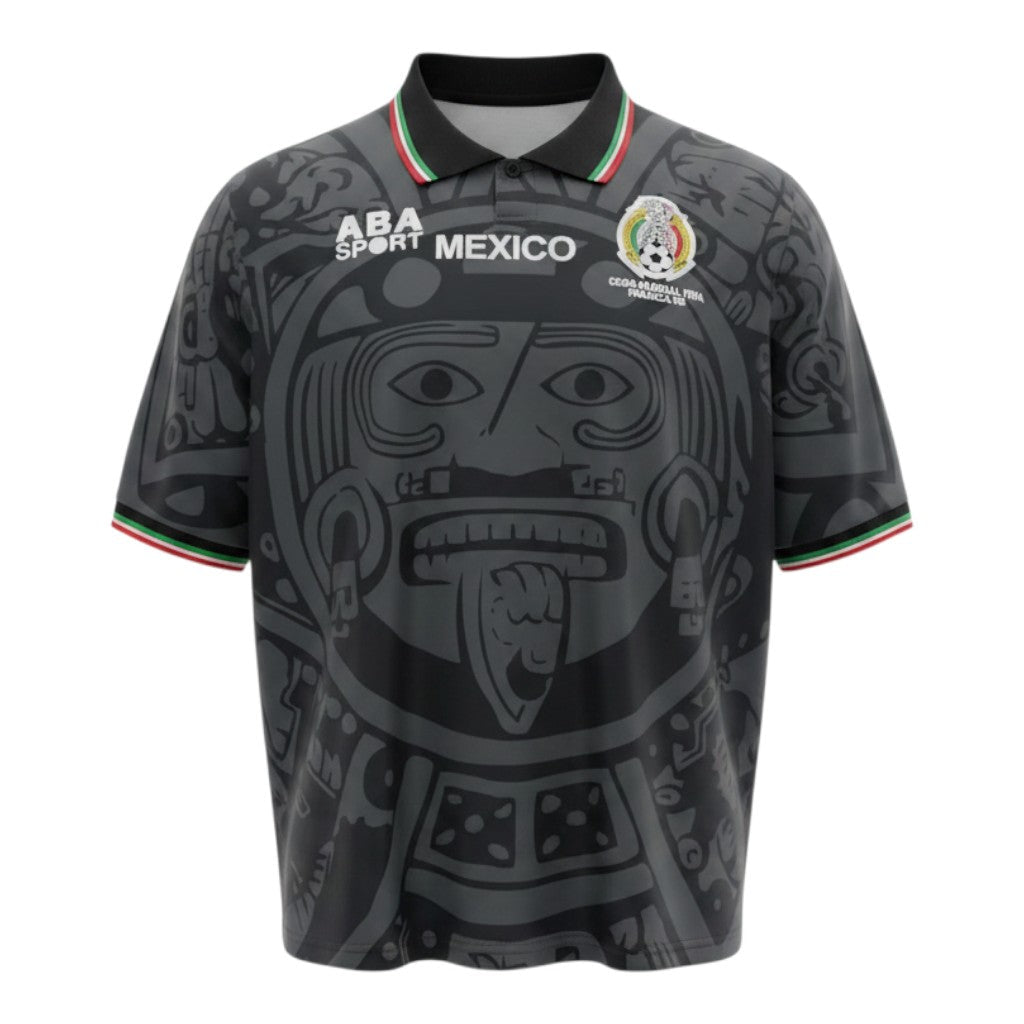 Hinchas Sportswear Store black 1998 Mexico ABA Sport football jersey with Aztec graphic, tricolor collar and cuffs.