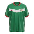 Hinchas Sportswear Store: Green 2006 Mexico Nike soccer jersey with white chevron, red collar and cuffs, featuring Aztec pattern.