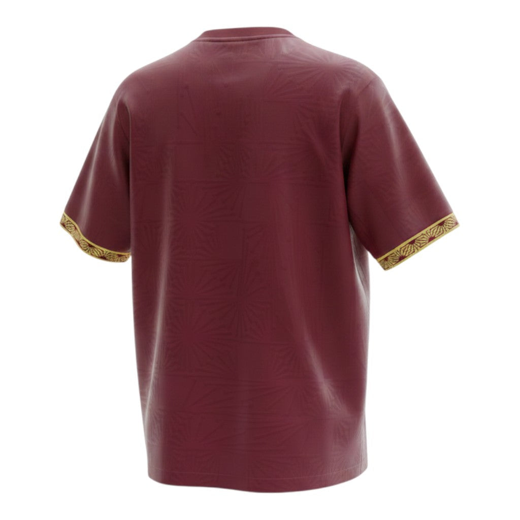 Hinchas Sportswear Store Mexico de Oro jersey in burgundy with gold Aztec pattern on cuffs and tonal jacquard pattern.