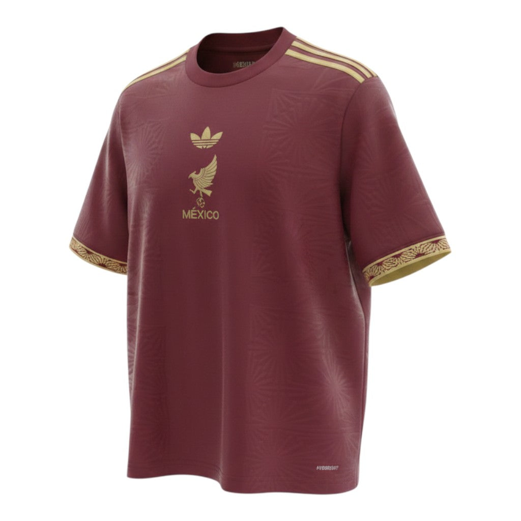 Hinchas Sportswear Store Mexico de Oro burgundy football jersey with gold Aztec pattern, Adidas stripes, and crest.