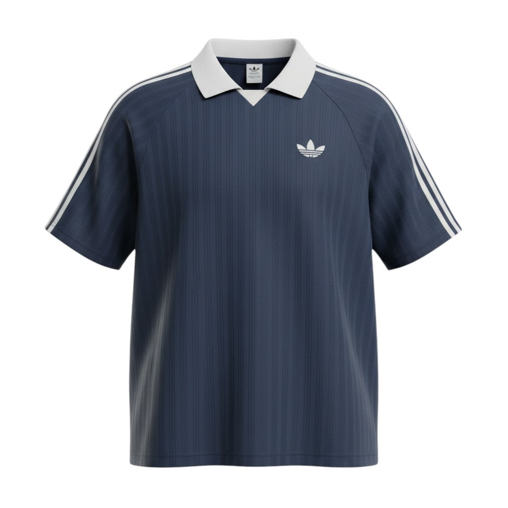 Hinchas Sportswear Store navy blue Adidas Originals retro polo tee with white collar and three stripes on shoulders.