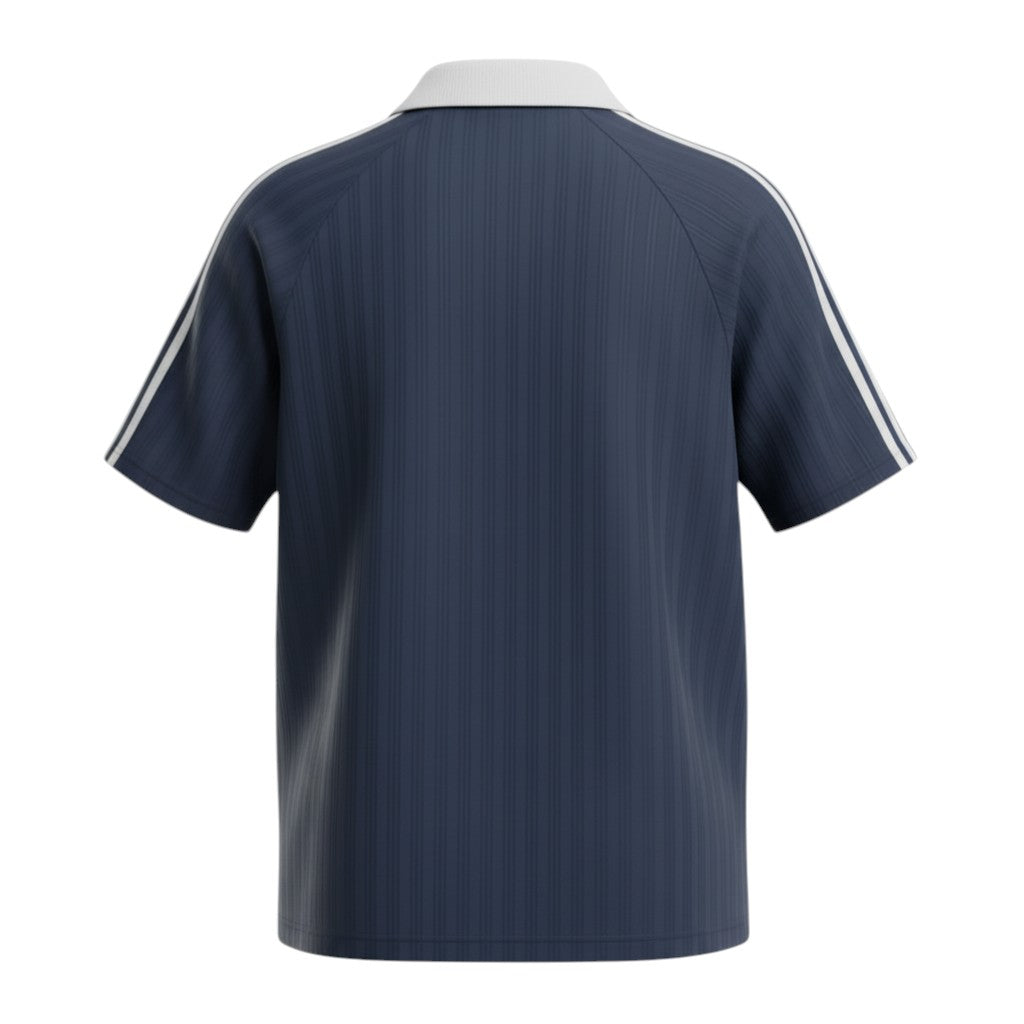 Hinchas Sportswear Store navy blue Adidas Originals retro jacquard polo tee with white collar and three stripes.
