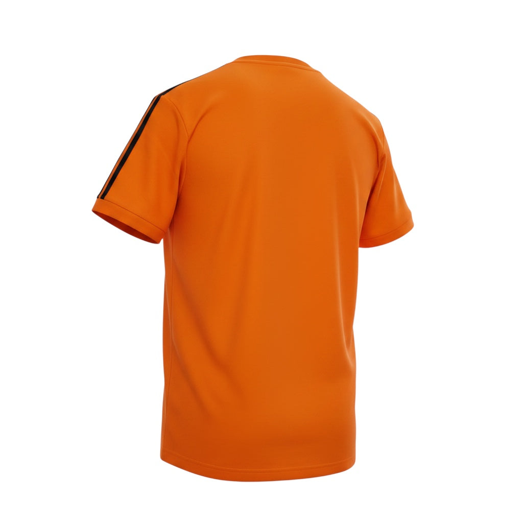 Hinchas Sportswear Store Netherlands 1974 retro orange football jersey with black Adidas stripes on sleeves and black V-neck collar.