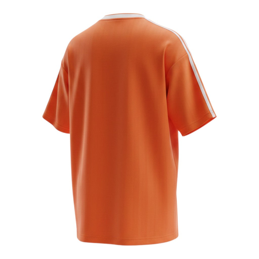 Hinchas Sportswear Store orange Netherlands 1986 retro football jersey with white V-neck collar and white Adidas stripes on sleeves.