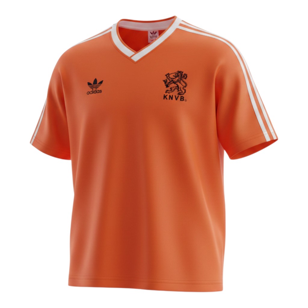 Hinchas Sportswear Store orange Adidas Netherlands 1986 retro football jersey with white V-neck and sleeve stripes.