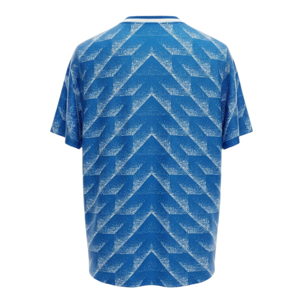 Hinchas Sportswear Store Netherlands 1988 retro away jersey, royal blue with white geometric chevron pattern, white V-neck collar.