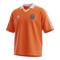 Hinchas Sportswear Store: Netherlands 1988 Centenary Retro Jersey. Orange Adidas football shirt with white collar, shoulder stripes, and embroidered KNVB 100th anniversary badge.