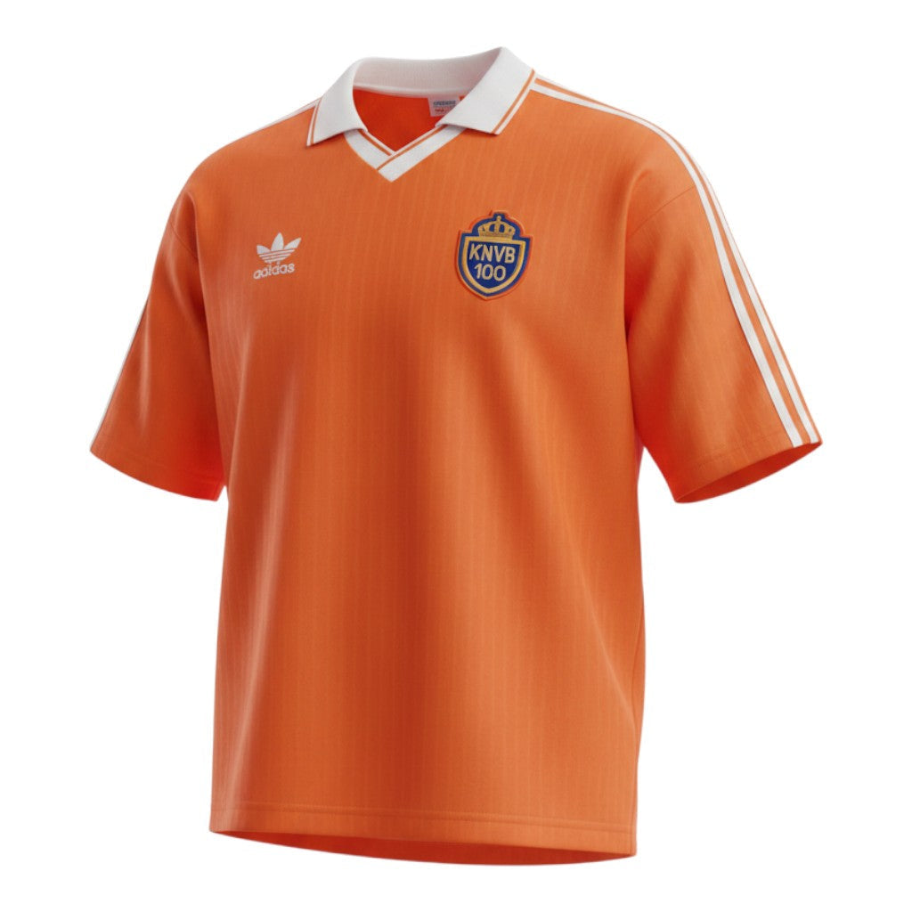 Hinchas Sportswear Store: Netherlands 1988 Centenary Retro Jersey. Orange Adidas football shirt with white collar, shoulder stripes, and embroidered KNVB 100th anniversary badge.
