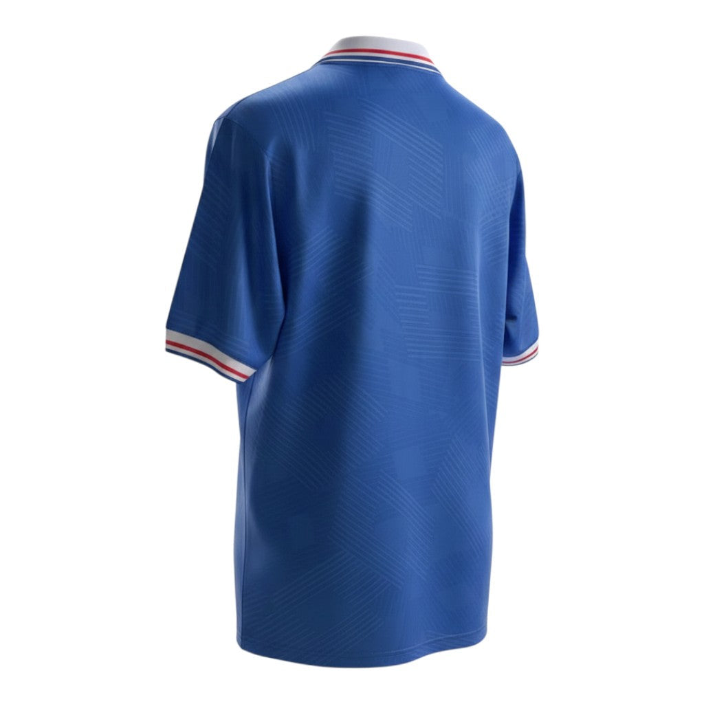 Hinchas Sportswear Store Netherlands 1991 away retro jersey. Royal blue shirt with subtle jacquard texture, white polo collar with red trim, and white cuffs with red trim.