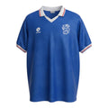 Hinchas Sportswear Store Netherlands 1991 away retro jersey. Royal blue with white polo collar, red and white trim, and jacquard texture. Features embroidered KNVB crest.