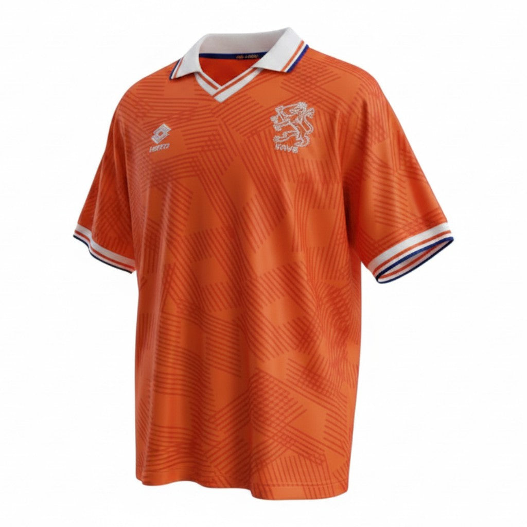 Hinchas Sportswear Store Netherlands 1991 retro home jersey. Orange with geometric pattern, white polo collar with red, white, blue trim, and KNVB crest.
