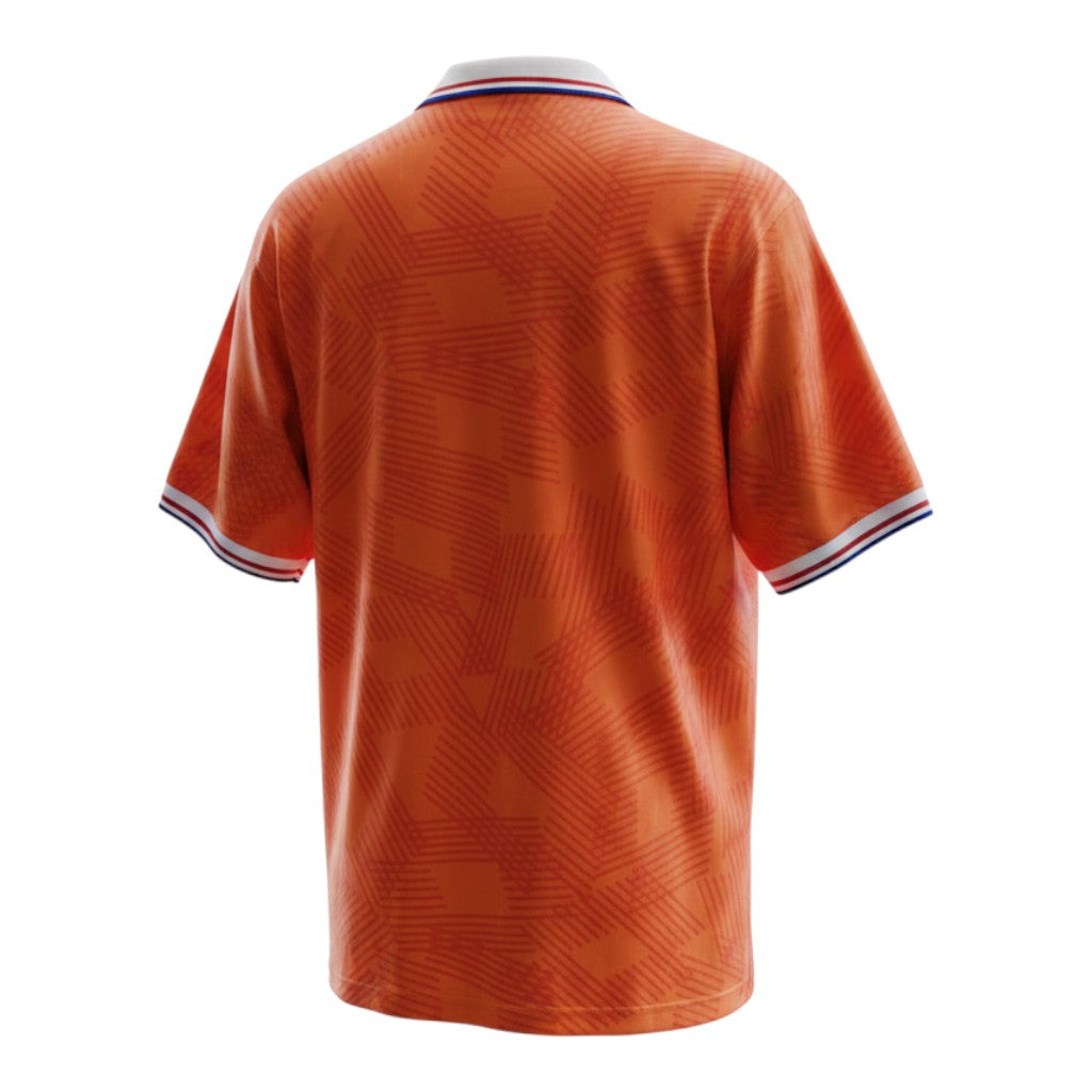 Hinchas Sportswear Store Netherlands 1991 retro home jersey, orange with geometric pattern, white polo collar with red, white, blue trim.