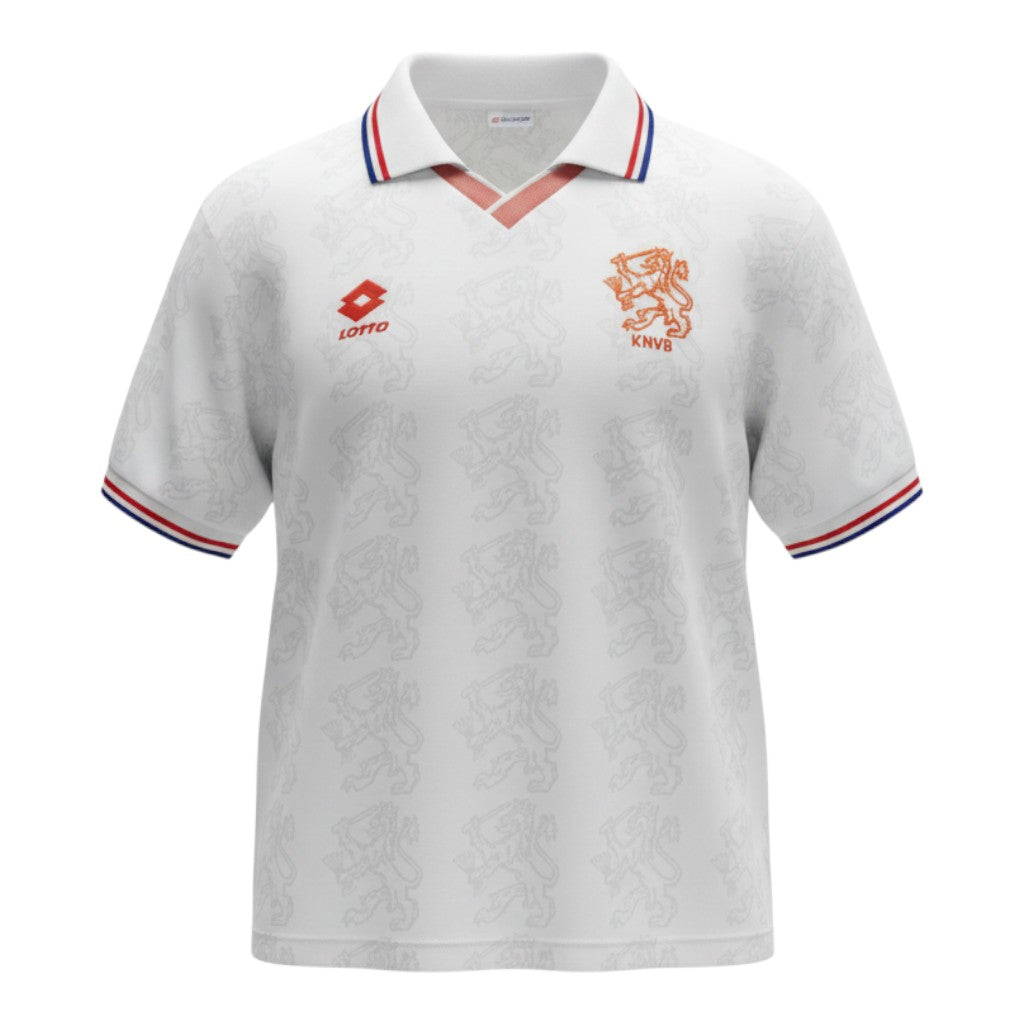Hinchas Sportswear Store white Netherlands 1995 away retro jersey with all-over embossed lion pattern, red crest, and red, white, blue trim.
